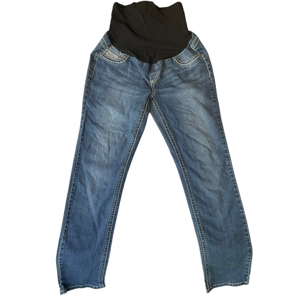 Zanadi Women Pregnancy Jeans size L Blue Straight Leg Stretch Embroidered